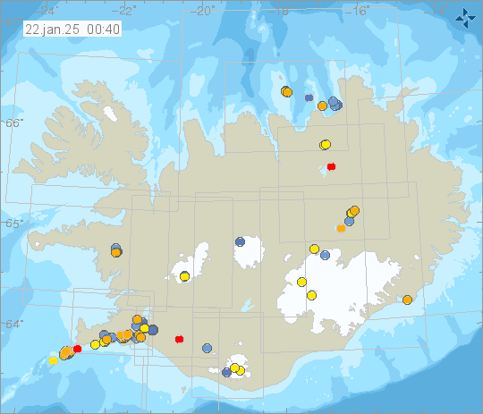 Kort með staðsetningum jarðskjálfta